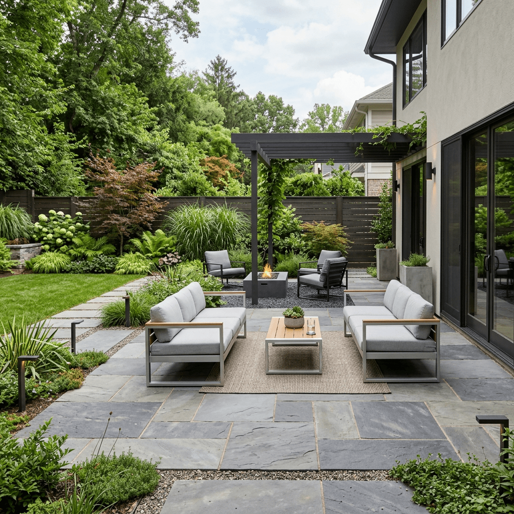 Backyard patio with gray sofas, wooden table, firepit under pergola, and landscaped garden