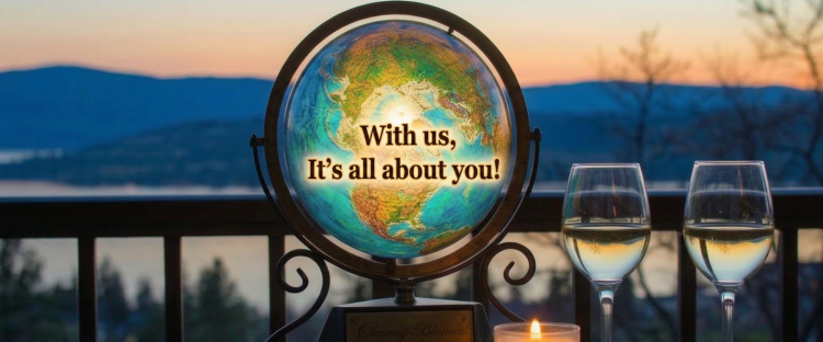 Illuminated globe on stand with two glasses of white wine on a balcony at sunset